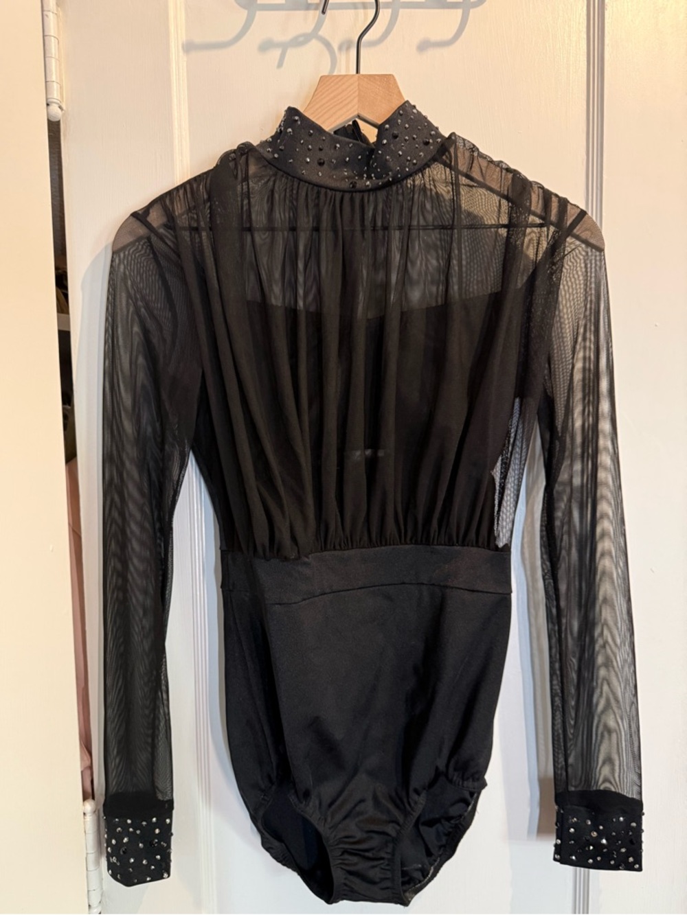Kelle- Sheer Long-Sleeve Black Bodysuit with Studded Collar and Cuffs